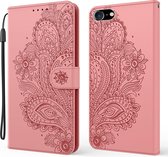 Voor iPhone SE (2020) Pauwpatroon met reliëfpatroon Horizontale lederen flip-hoes met houder & kaartsleuven & portemonnee & lanyard (roze)