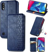 Voor Samsung Galaxy M10 Cubic Grid Pressed Horizontal Flip Magnetic Leather Case met houder & kaartsleuven & portemonnee (blauw)