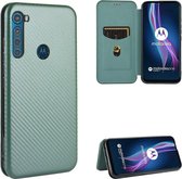 Voor Motorola Moto One Fusion Plus Koolstofvezel Textuur Magnetische Horizontale Flip TPU + PC + PU lederen tas met touw & kaartsleuf (groen)