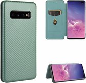 Voor Samsung Galaxy S10 Plus Koolstofvezel Textuur Magnetische Horizontale Flip TPU + PC + PU lederen tas met touw en kaartsleuf (groen)