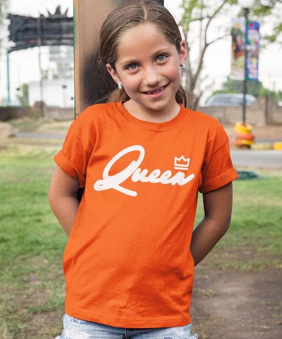 Oranje Koningsdag T-Shirt Kind Queen White (7-8 jaar - MAAT 122/128) | Oranje kleding & shirts | Feestkleding