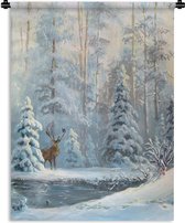 Wandkleed Geschilderde Winter - Schilderij van een hert in een winters bos Wandkleed katoen 120x160 cm - Wandtapijt met foto XXL / Groot formaat!