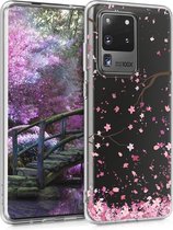 kwmobile telefoonhoesje geschikt voor Samsung Galaxy S20 Ultra - Hoesje voor smartphone in poederroze / donkerbruin / transparant - Kersenbloesembladeren design
