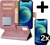 Hoes voor iPhone 12 Pro Max Hoesje Book Case Met 2x Screenprotector Tempered Glass - Hoes voor iPhone 12 Pro Max Hoes Wallet Cover Met 2x Screenprotector - Rose Goud