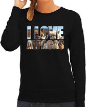 Tekst sweater I love alpacas met dieren foto van een alpaca zwart voor dames - cadeau trui alpacas liefhebber L