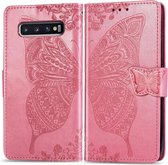 Butterfly Love Flowers Embossing Horizontale Flip Leather Case voor Galaxy S10 +, met houder & kaartsleuven & portemonnee & lanyard (roze)