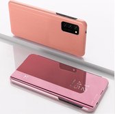 Voor Galaxy S20 vergulde spiegel links en rechts flip cover met standaard mobiele telefoonhouder (rose goud)