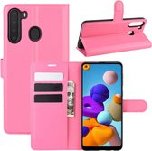 Voor Galaxy A21 Litchi Texture Horizontal Flip beschermhoes met houder & kaartsleuven & portemonnee (roze rood)