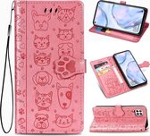 Voor Huawei P40 Lite / Nova 7i / Nova 6se schattige kat en hond reliÃ«f horizontaal flip lederen tas met beugel / kaartsleuf / portemonnee / lanyard (roze)