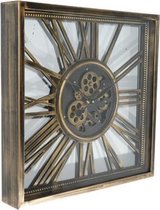 Klok wandklok industrieel metaal open vierkant tandwielen antique gold 53 cm