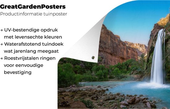 Tuinposter 60x40 cm - Tuindecoratie Waterval - Berg - Planten - Poster voor in de tuin - Buiten decoratie - Schutting tuinschilderij - Tuindoek muurdecoratie - Wanddecoratie balkondoek