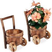 Relaxdays plantenbak kruiwagen - bloembak set van 2 - bloempot hout - houten tuindecoratie