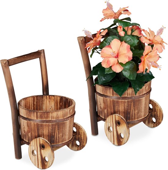 brouette jardinière relaxdays - jardinière lot de 2 - pot de fleur bois -  décoration