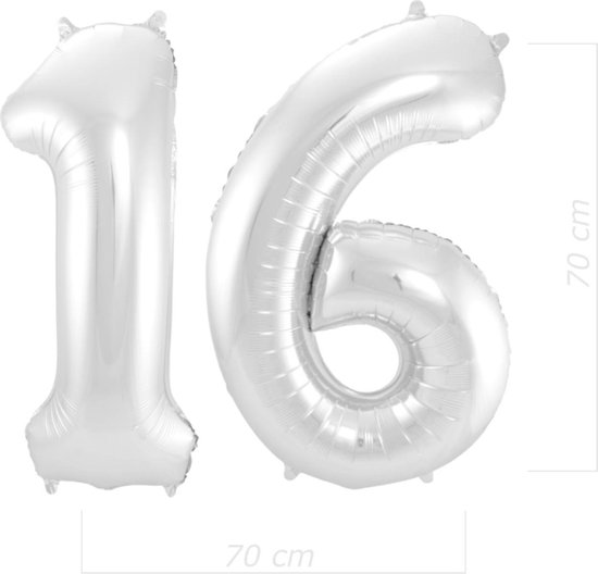 Ballon Cijfer 16 Jaar Zilver 70Cm Verjaardag Feestversiering Met Rietje