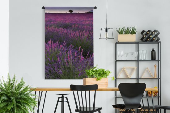 Tapisserie Lavande - Coucher de soleil champ de lavande éclairé en France Tapisserie coton 120x180 cm - Tapisserie murale avec photo XXL / Groot format !