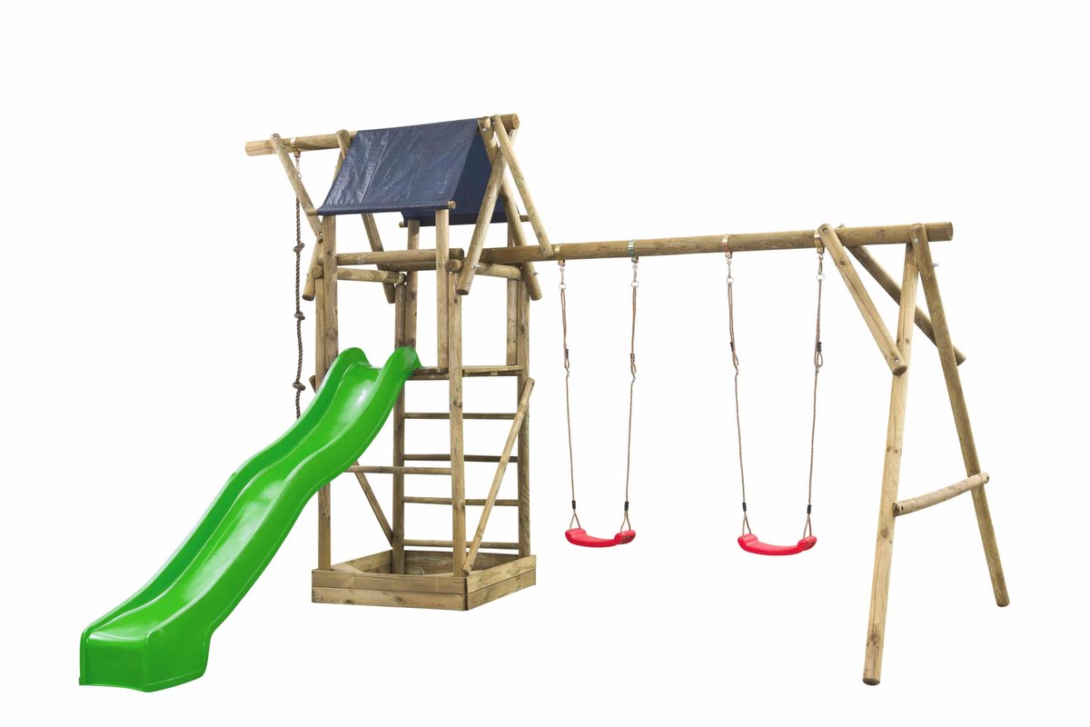Houten Speeltoestel Niels (SwingKing) | Speeltoren met Glijbaan en Dubbele Schommel voor Buiten in de Tuin | FSC Hout - Glijbaan Appelgroen