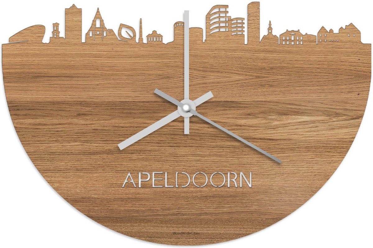 Skyline Klok Apeldoorn Eikenhout - Ø 40 cm - Stil uurwerk - Wanddecoratie - Meer steden beschikbaar - Woonkamer idee - Woondecoratie - City Art - Steden kunst - Cadeau voor hem - Cadeau voor haar - Jubileum - Trouwerij - Housewarming - WoodWideCities