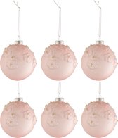 J-Line Doos Van 6 Kerstballen Bloemen Glas Mat Opal Licht Roze Small