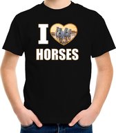 I love horses t-shirt met dieren foto van een wit paard zwart voor kinderen - cadeau shirt paarden liefhebber L (146-152)