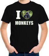 I love monkeys t-shirt met dieren foto van een Gorilla aap zwart voor kinderen - cadeau shirt apen liefhebber XS (110-116)