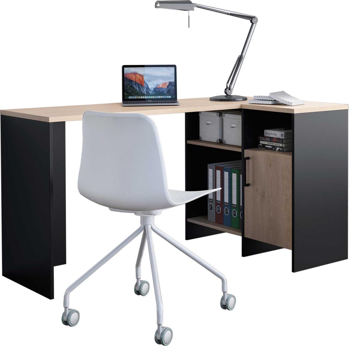 Vente-unique Hoekbureau YODEL met opbergruimte - Eiken en zwart L 136 cm x H 76 cm x D 88 cm
