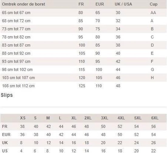 Maattabel voor bh's en slips met FR, EUR, UK/USA en Cup maten.