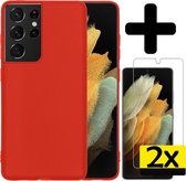 Samsung S21 Ultra Hoesje Met 2x Screenprotector - Samsung Galaxy S21 Ultra Case - Siliconen Samsung S21 Ultra Hoes Met 2x Screenprotector - Rood