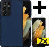 Hoesje Geschikt voor Samsung S21 Ultra Hoesje Siliconen Case Met 2x Screenprotector - Hoes Geschikt voor Samsung Galaxy S21 Ultra Hoes Siliconen - Donkerblauw.