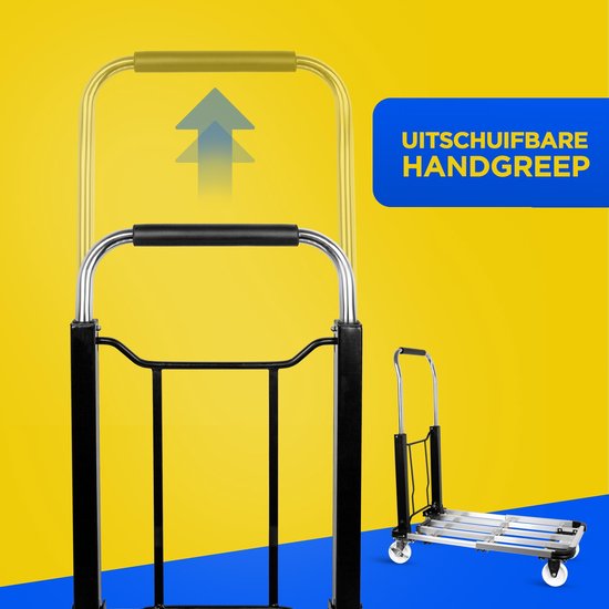 Zilveren steekwagen met uitschuifbare handgreep. Tekst: UITSCHUIFBARE HANDGREEP.