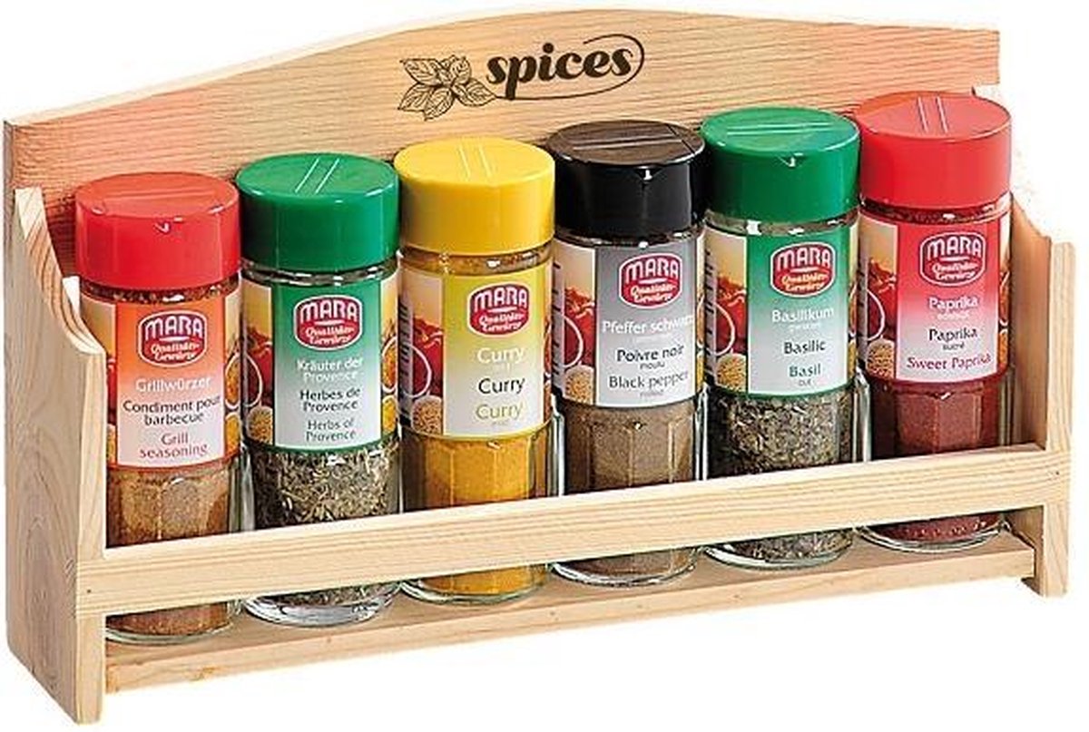 FSC Grenen Houten Kruiden Wandrek, voor het opbergen van 6 Kruiden | Kruidenrek | Spice Rack | Kruiden Organizer | Specerijen opbergen | Afm. 28 x 6 x 17.5 Cm.