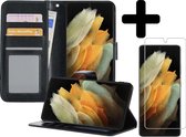 Samsung S21 Ultra Hoesje Book Case Met Screenprotector - Samsung Galaxy S21 Ultra Case Hoesje Wallet Cover Met Screenprotector - Zwart