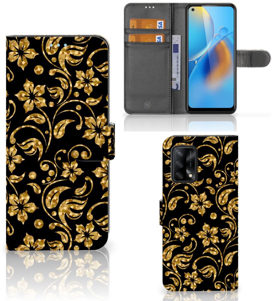 OPPO A74 4G Hoesje Gouden Bloemen
