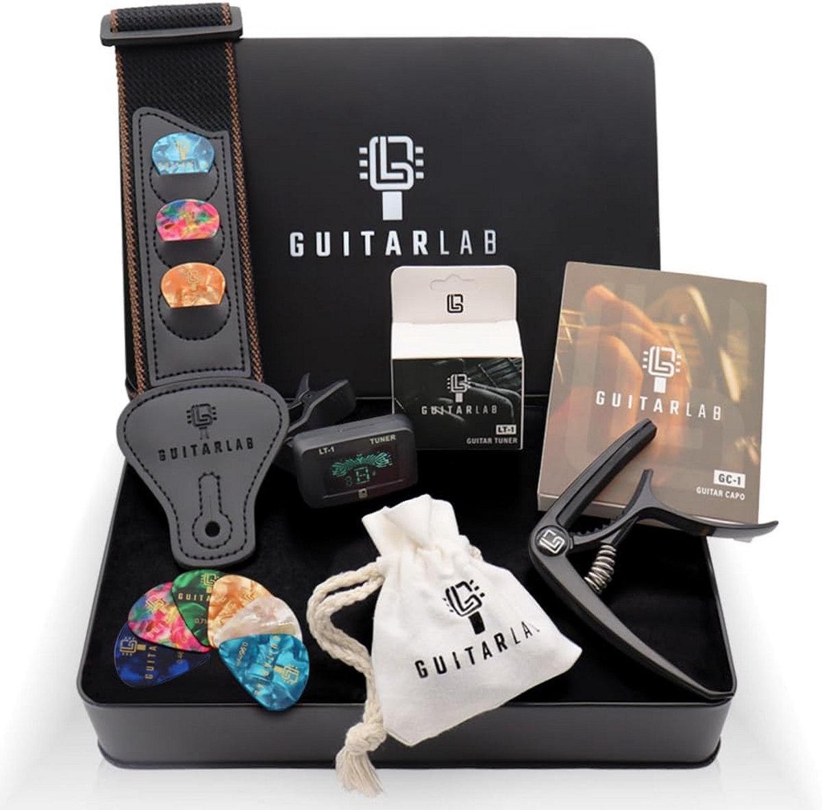 Guitar Accessory Set - Metal Box with Guitar Strap, Capo, Clip-on Tuner and Picks