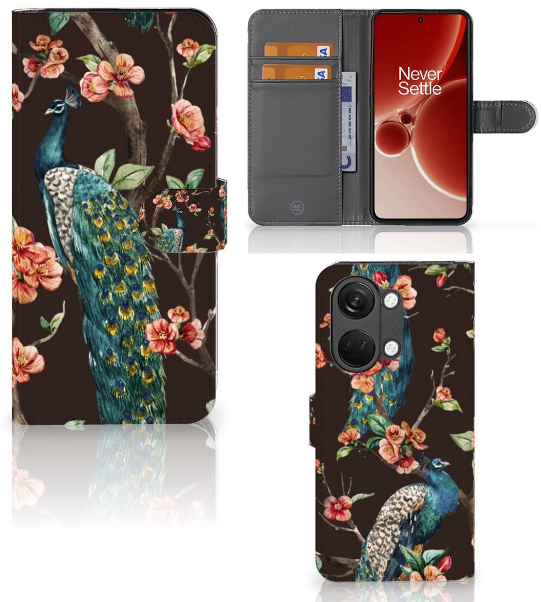 OnePlus Nord 3 Telefoonhoesje met Pasjes Pauw met Bloemen