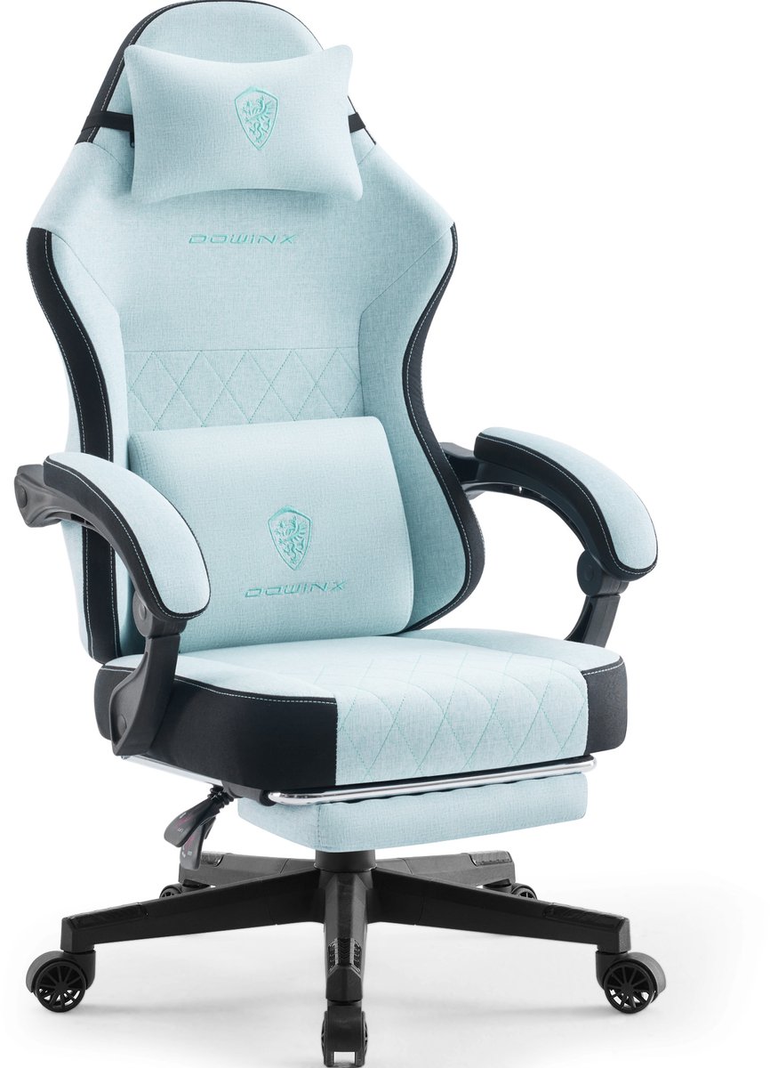 Dowinx Gamingstoel van stof met pocketvering, massage-lendensteun en voetsteun - ergonomische bureaustoel voor volwassenen - Big & Tall - tot 135 kg - aqua