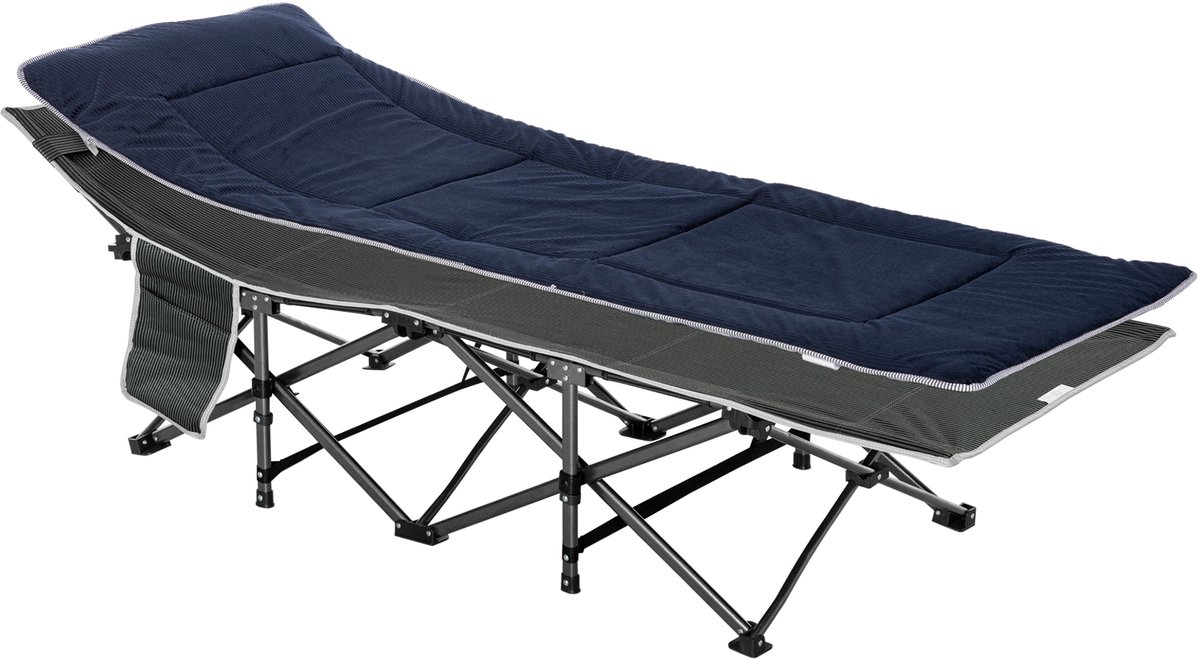 Wishdor - Opvouwbaar Campingbed - Met Hoofdkussen En Opbergvak - Dubbelzijdige Matras - Polyester - Donkerblauw - 188 X 64,5 X 53 Cm