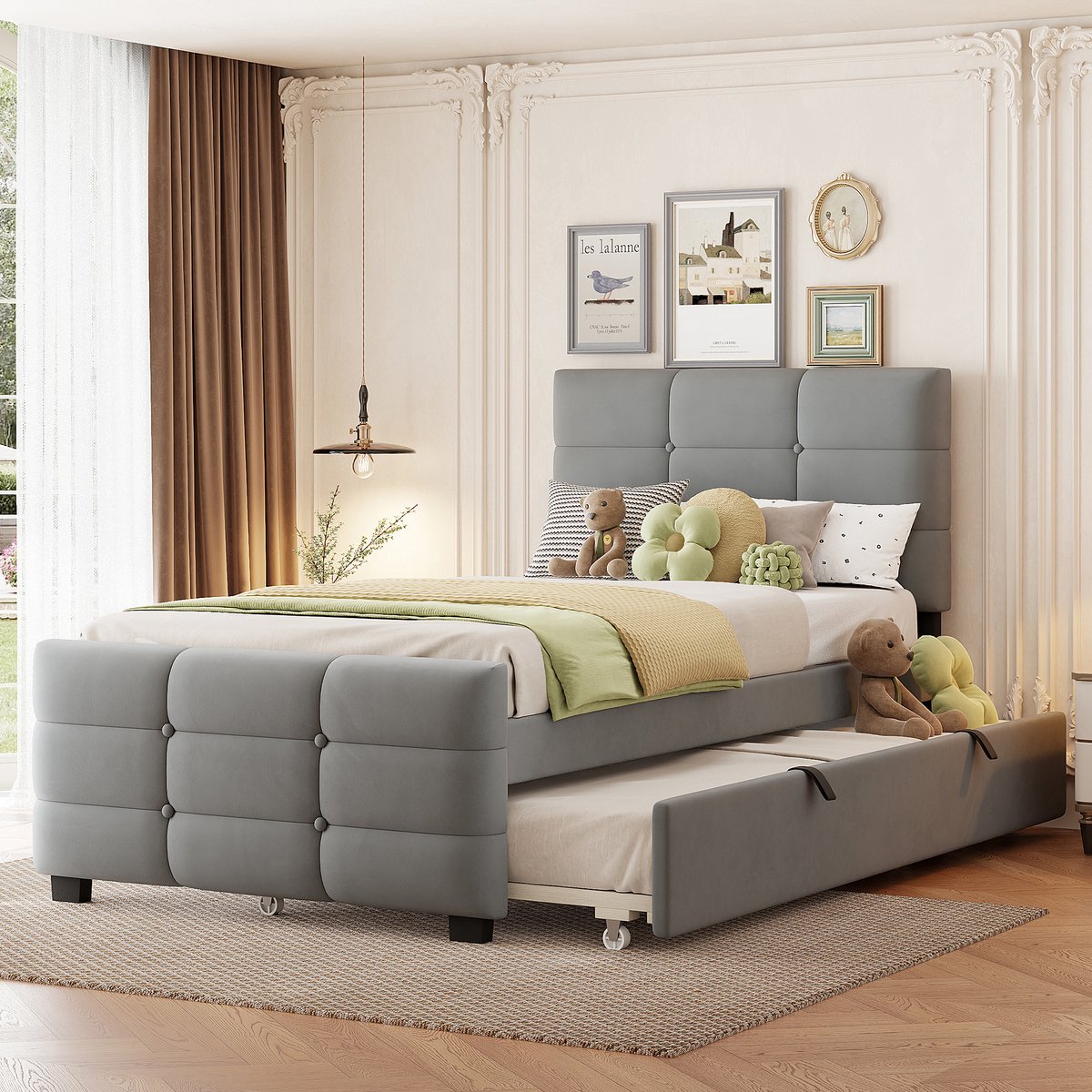 MIVRAY Gestoffeerd Kinderbed 90x190cm - Met Uitschuifbed En Lattenbodem - Minimalistisch H