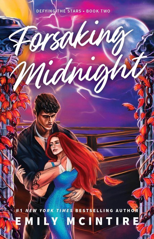 Boekomslag: Forsaking Midnight. Een man met donker haar omhelst een vrouw met rood haar in een blauwe jurk. De achtergrond is een onweersachtige hemel.