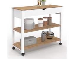 IDMarket - Keukenwagen PENH XXL met lade en werkblad wit dienbladen in beukenlook L 100 cm