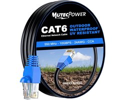 MutecPower 15m CAT6 ethernet netwerkkabel voor buitengebruik - Direct Burial waterdicht, UV- en weerbestendig - UTP - CCA - 250 MHz - 15 meter kabel zwart met kabelbinders