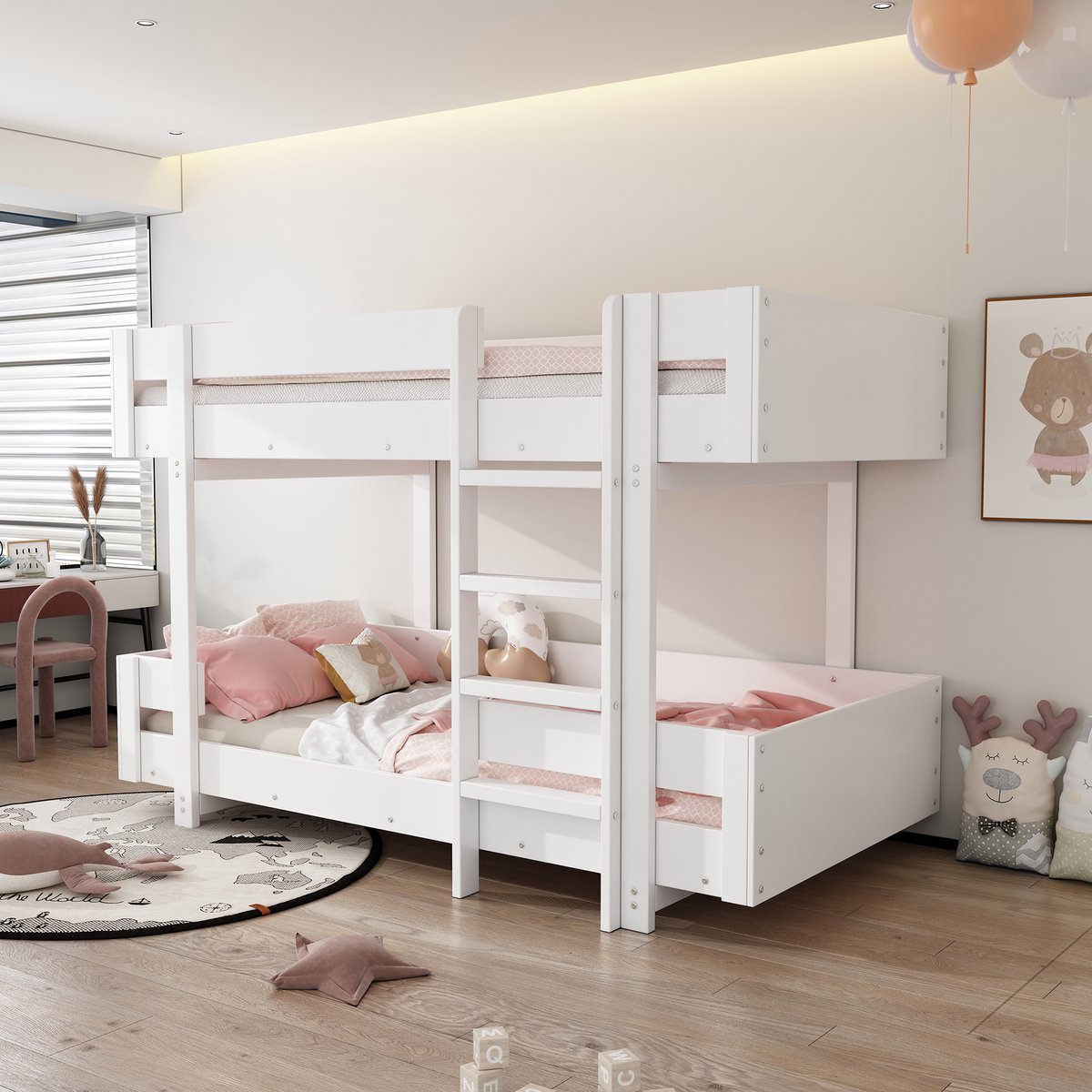 MIVRAY Stapelbed 90x200cm - Kinderbed Met Trap En Verhoogde Bedrand - Ruimtebesparend En Stevig Frame - Zonder Matras - Massiefhout - Wit