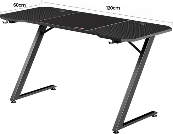 Gamingtafel en bureau 120 x 60 cm met koolstofvezeloppervlak en hoofdtelefoonhaak, zwart — afbeelding 3