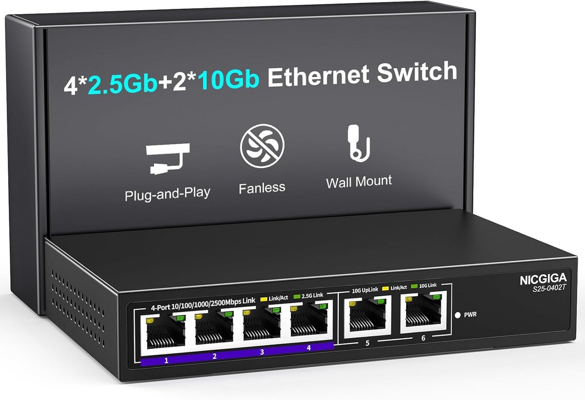6-poorts 10 Gbps Ethernet-switch met 2 x 10 Gb en 4 x 2,5 Gb poorten voor desktop of wandmontage