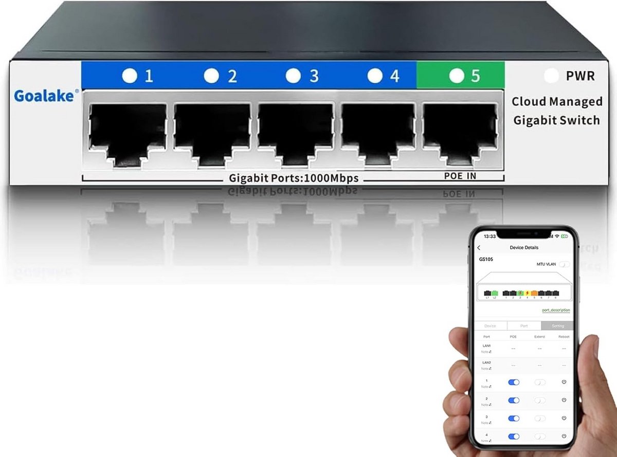 Gigabit Switch met 5 Poorten - Slim Beheerd en Stille Bediening voor Thuis en Kantoor