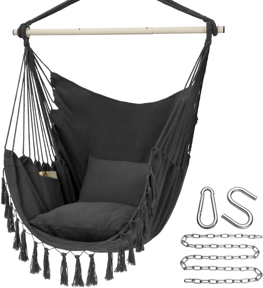 Ruime Hangstoel met Kussens en Zak - Macramé Hangmat voor Binnen en Buiten - Max 150 kg