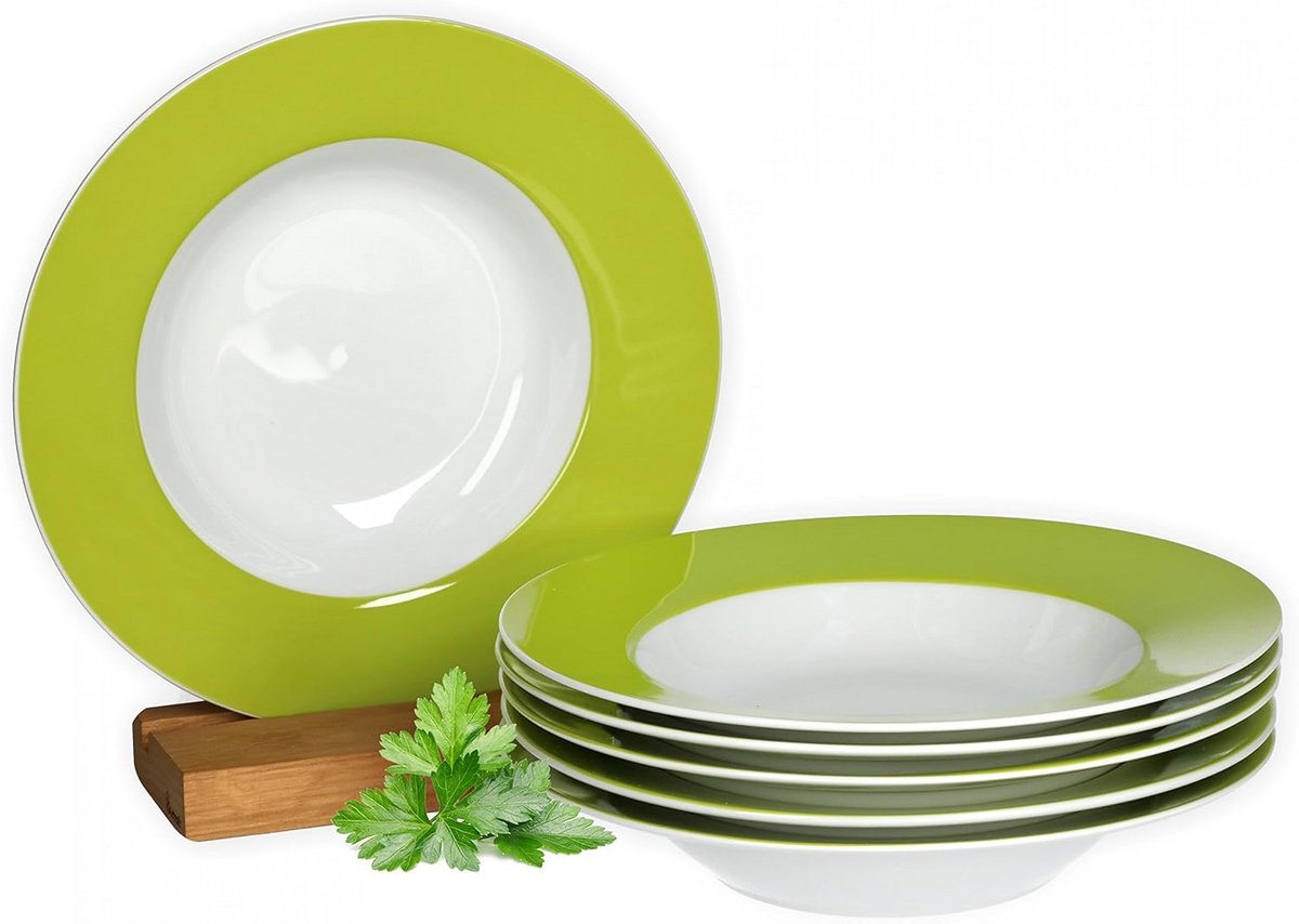 Diepe Pasta- en Soepborden Set voor 6 Personen - 21.5 cm Porselein met Groene Rand, Magnetron- en Vaatwasmachinebestendig
