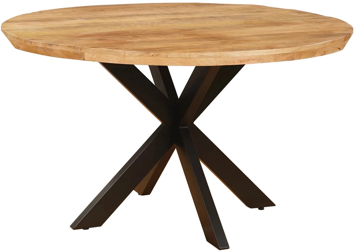 Sfeerwonen Enzo - Eettafel Rond - 120 cm - Mangohout Naturel - Swiss Edge Schuine Rand - Stalen Matrix Poot