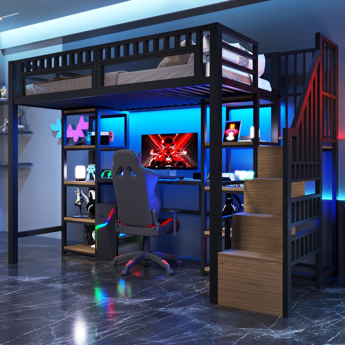 Wishdor Hoogslaper 90x200 cm - Bureau, opbergladder, led & USB - Metaal - Zwart - Creëer de meest georganiseerde studieplek