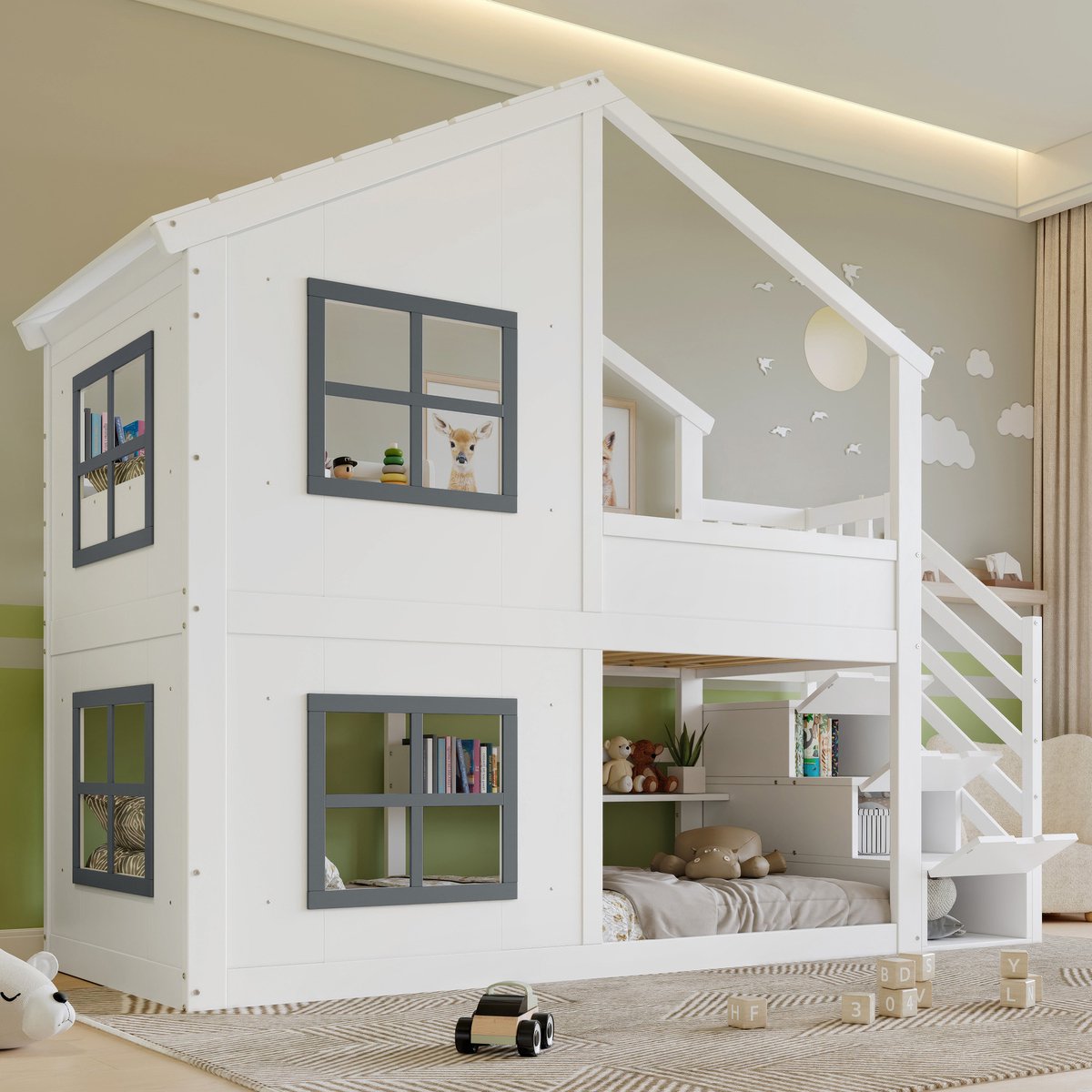 Wishdor Stapelbed - 90 x 200 cm - Trap met Opbergkast - Ramen en Dak - Massief Hout en MDF - Wit en Grijs - Magische Kinderslaapkamer