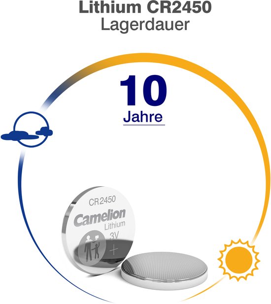 Camelion CR2450 lithium batterij met 10 jaar houdbaarheid.